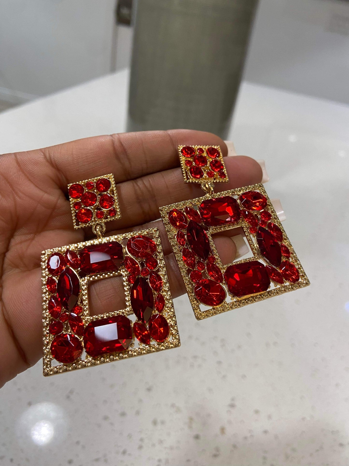 Women's Square Charm Dangle Earrings - BaeBekillinem Boutique- Crystal- Gold/ Red