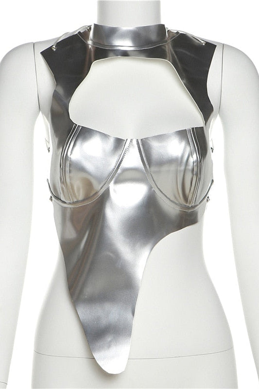 Women's Trojan Asymmetrical Metallic  Top - BaeBekillinem Boutique- Pu leather/ Polyester- Silver-breastplate