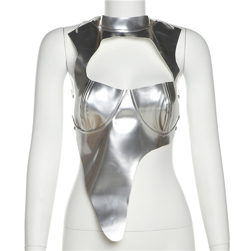 Women's Trojan Asymmetrical Metallic  Top - BaeBekillinem Boutique- Pu leather/ Polyester- Silver-breastplate